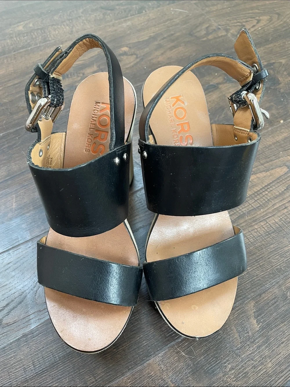 Michael Kors Black Leather Wide-Strap Block Heel Sandals